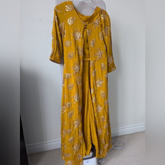 Mustard Yellow & Gold Chiffon 3 Piece Indian Punjabi Suit -BNWOT - Picture 4 of 12